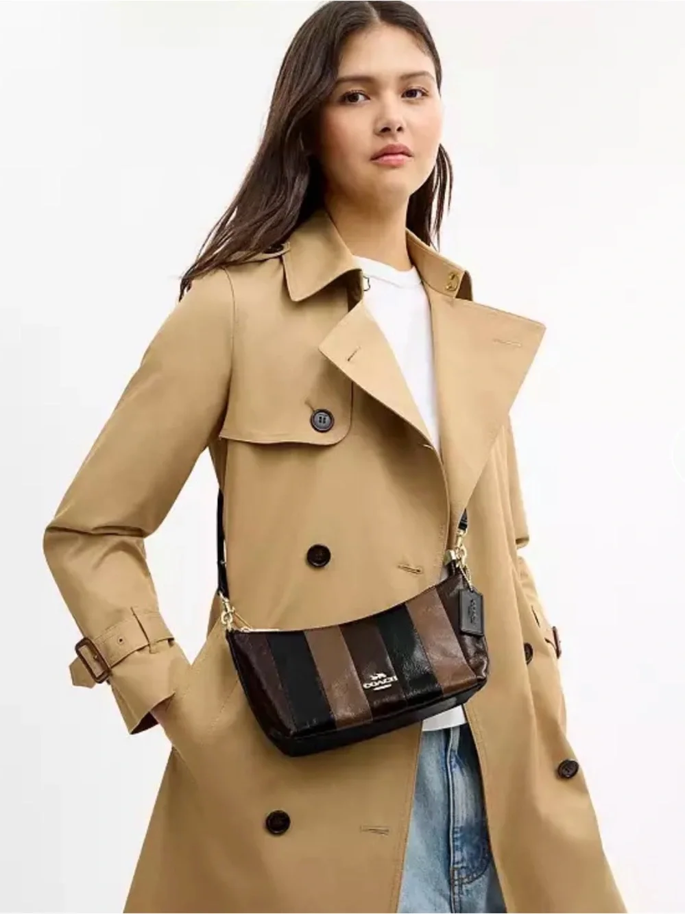 🖤🤎Coach NEW Caitlin Stripe-Crinkle Cut Leather Bag in Brown/Black Gold Hardware